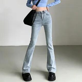 High-Waist Washed Bootcut Jeans Dark Blue by GOUB