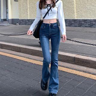 High-Waist Washed Bootcut Jeans Light Blue by GOUB