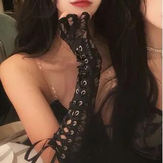Lace-Up Fingerless Lace Gloves Black by Candyiry