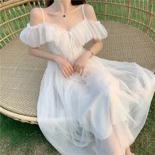 Off-Shoulder Lace Up Midi A-Line Dress White by Morning Glory