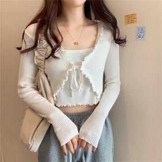 Mock Two-Piece Long-Sleeve Tie-Front Lettuce-Edge Cropped Knit Top Black by Shinsei