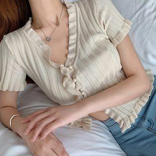 V-Neck Knit Cropped Top White by MIKIGA