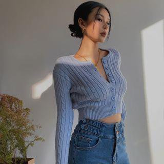Cable-Knit Button-Up Crop Top Black by Colada
