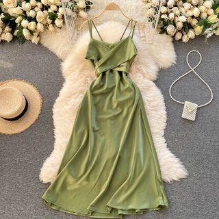 M - Spaghetti-Strap Cowl-Neck Midi A-Line Dress Caramel by Lucuna