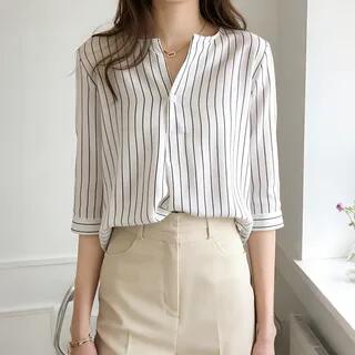 Elbow-Sleeve Striped Blouse Pink by Happo
