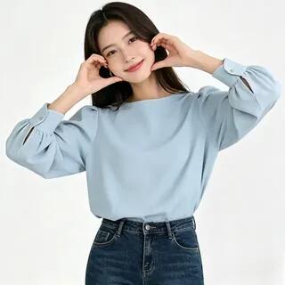 Long-Sleeve Plain Blouse Blue by PINPI