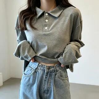 Long-Sleeve Plain Polo Shirt Gray by Happo