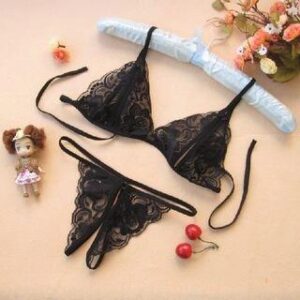 Lace Lingerie Set: Cut-Out Bralette + Crotchless Thong Set - Black 138137306