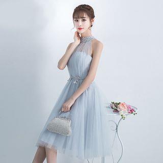 Embellished Halter Cocktail Dress Gray by Destine