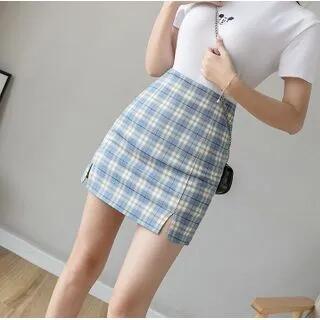 Plaid Mini Pencil Skirt Green by Everose