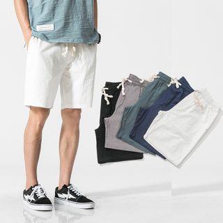 Plain Drawstring-Waist Linen Shorts White by Aozora