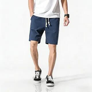 Plain Drawstring-Waist Linen Shorts Black by Aozora