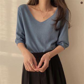 Elbow-Sleeve V-Neck Knit Top Pink by Moon City