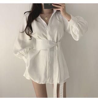 Long-Sleeve Sashed Mini Shirtdress with Shorts Blue by Happo