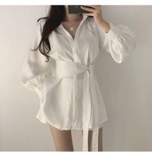 Long-Sleeve Sashed Mini Shirtdress with Shorts White 138930116