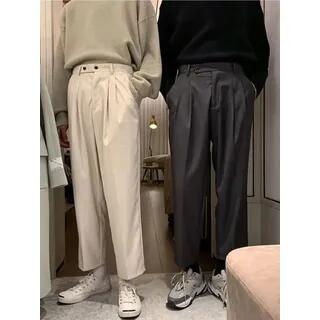 Pleated Straight-Cut Crop Dress Pants X209 - Khaki by Nightbell