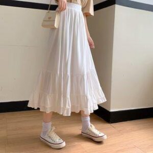 Elastic Waist Tiered Midi A-Line Skirt Black 139351804