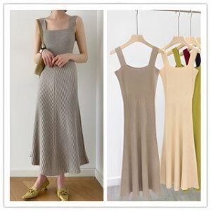Sleeveless Square Neck Knit Midi Dress Khaki 139468846