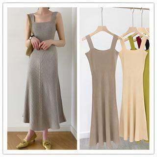 Sleeveless Square Neck Knit Midi Dress Khaki by PINPI
