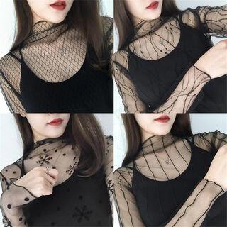 Mock-Neck Long-Sleeve Mesh Top 02 - Black by Hevnir