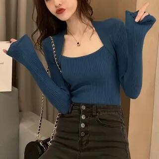 Square-Neck Rib-Knit Long-Sleeve Top Blue by Strawolf