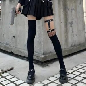 Asymmetrical Fishnet Tall Socks Over-the-Knee Socks & Knee-High Socks & Over-the-Knee Net Stockings & T-shaped Thigh Garter - Black 139822976