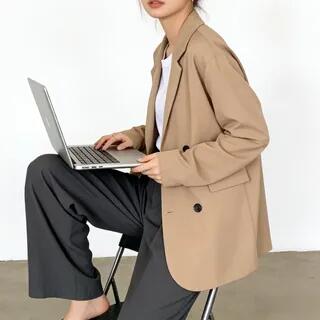 Oversized Double-Breasted Long-Sleeve Blazer Black by Yako