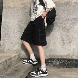 Drawstring-Waist Stitch-Trim Shorts Black by Porstina