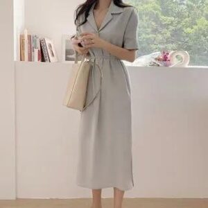 Short-Sleeve Tie-Waist Midi Shirtdress Khaki Almond 140796613