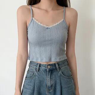 Lace-Trim Bow-Accent Ribbed Cropped Camisole Blue Floral - Almond by GOUB