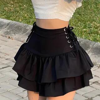 High-Waist Lace-Up Layered Mini A-Line Skirt Black by meadowdrop
