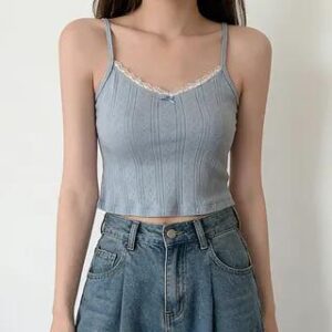 Lace-Trim Bow-Accent Ribbed Cropped Camisole Plain - Blue 140906922