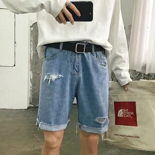 Mid Rise Distressed Wide-Leg Denim Shorts Black by POSI