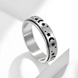 [Size 6] Moon & Star Spinner Stainless Steel Ring Silver - Size 6 by Andante