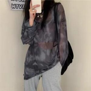 Long-Sleeve Tie Dye Mesh Shirt T-Shirt - Gray 147188854