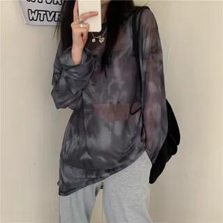 Long-Sleeve Tie Dye Mesh Shirt T-Shirt - Gray by Moon City
