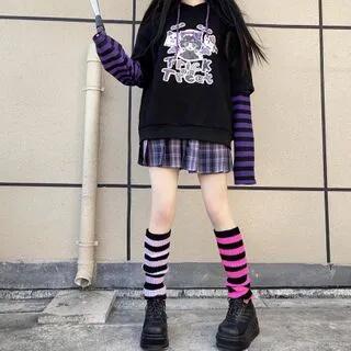 Striped Knit Leg Warmers Set of 2 Pairs - Stripe - Black & Purple - One Size / Stripe - Purple & White by Gentiana