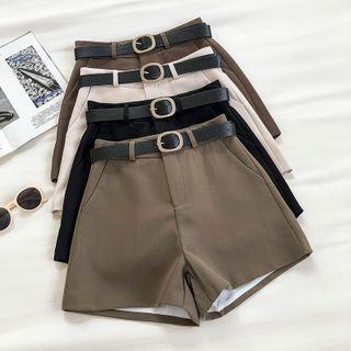 Plain High-Waist Shorts With Belt Almond by DIYI