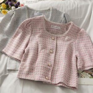 Button-Up Tweed Crop Top Pink 147842148