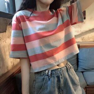 Pink And Blue Striped Short-Sleeve Cropped Tee — Styling Ideas and Fashion Review pink and blue striped short-sleeve cropped tee
