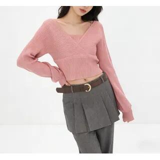 Long-Sleeve Mock Two-Piece Ribbed Knit Top Coffee by Yako