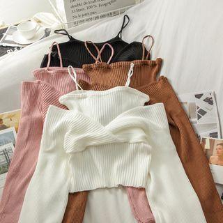 Long-Sleeve Mock Two-Piece Ribbed Knit Top White by Yako