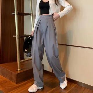 High-Waist Wide-Leg Dress Pants Gray by Okalpis