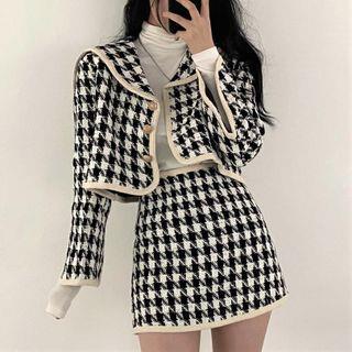 Houndstooth Cropped Jacket / High-Waist Mini A-Line Skirt Skirt - Black & White by Mikiko