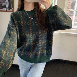 Long-Sleeve Houndstooth Sweater Wine Red by PINPI