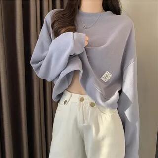 Plain Cropped Crewneck Sweatshirt Almond by Shinsei