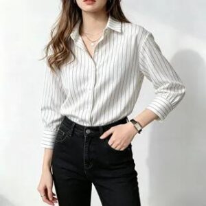 Long-Sleeve Collar Pinstriped Blouse Dark Blue 165318497
