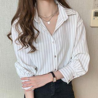 Long-Sleeve Collar Pinstriped Blouse White by Happo
