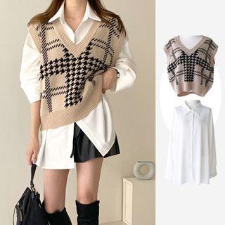 Houndstooth Sweater Vest / Long-Sleeve Plain Shirt Vest - Black by PINPI