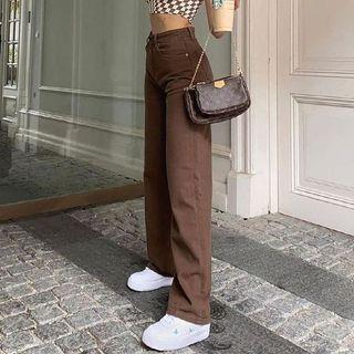 High Rise Plain Straight-Fit Wide Leg Jeans Brown by Honet